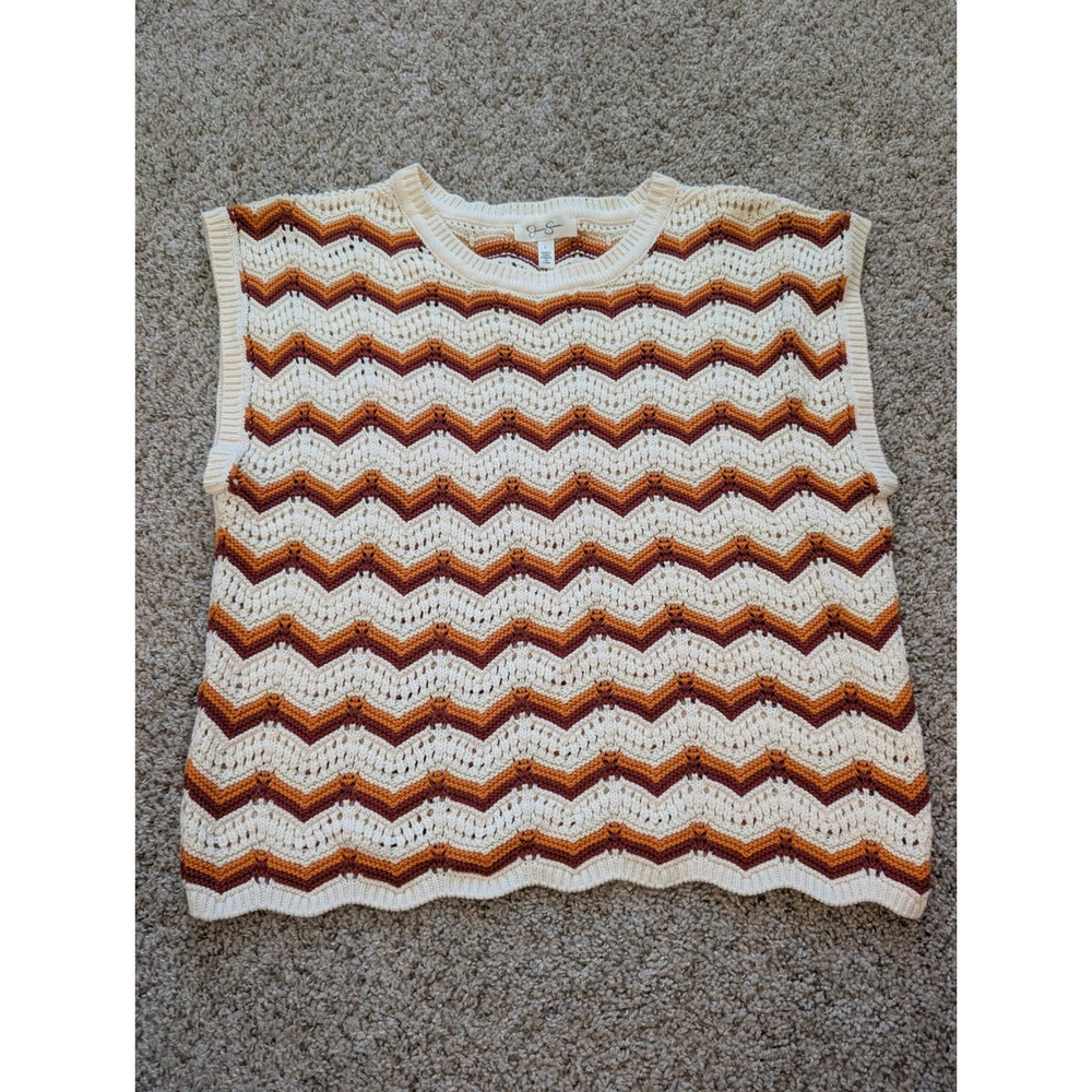 Jessica Simpson Womens Chevron Crochet Sweater Vest Rust Cream Zig Zag Large